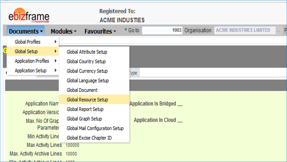 screenshot of ebizframe ERP